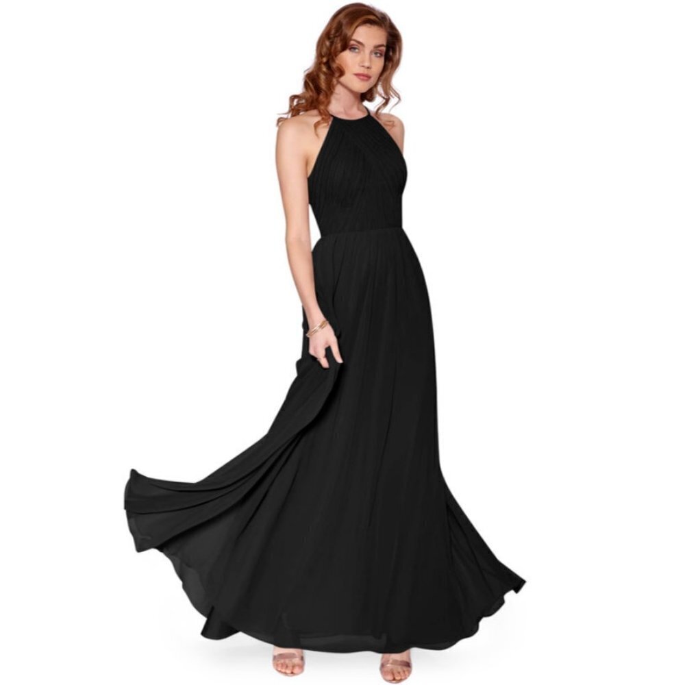 Azazie Black Pleated Chiffon JOY Halter Gown Size C/XL Evening Formal